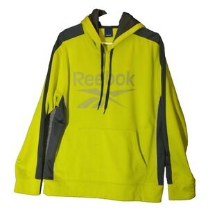 Reebok Mens Neon Yellow Charcoal Grey Pullover Hoodie Reflective Logo Sweatshirt